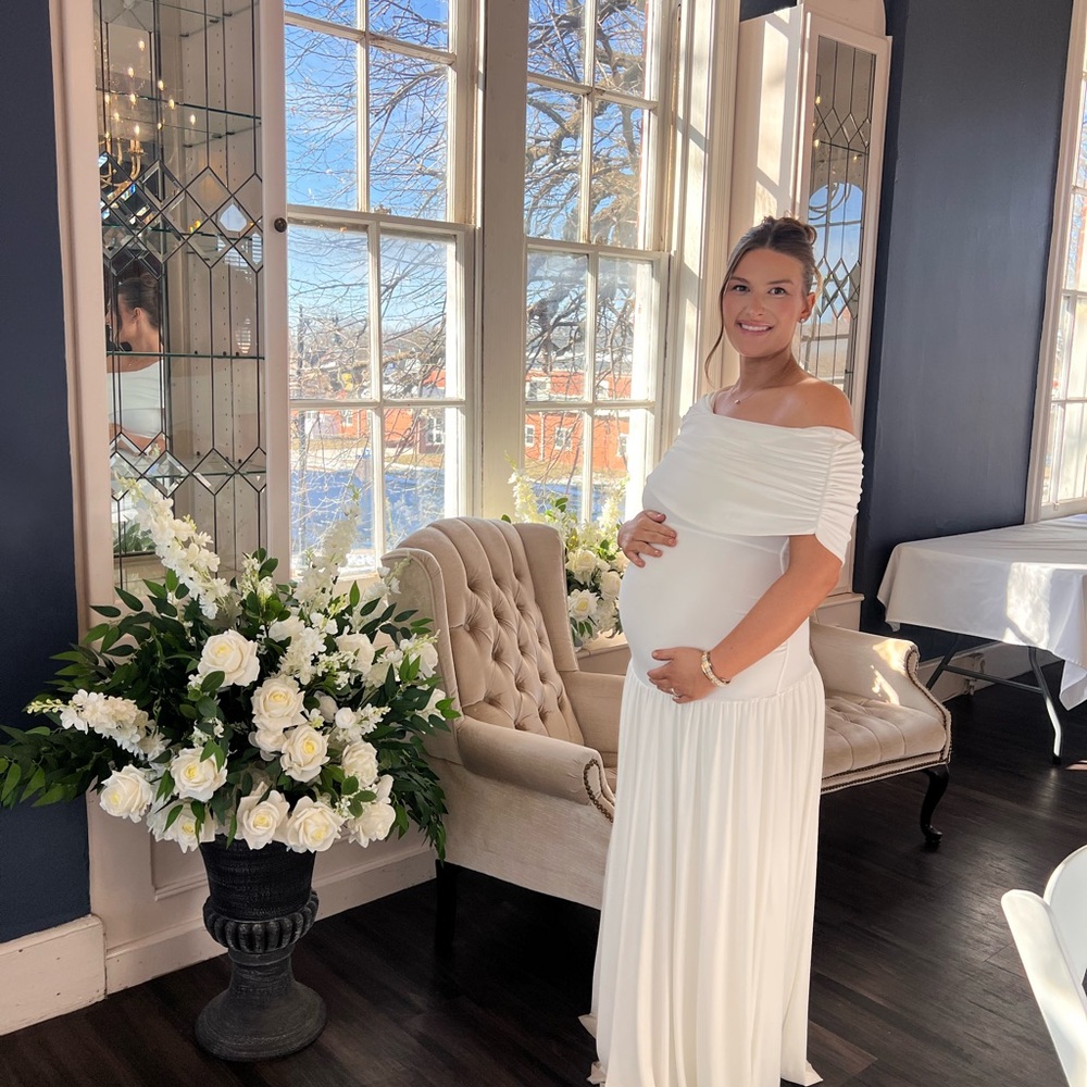 White Asymmetric-Neck Maternity Maxi Dress With Drop-Waist - Picture 4 of 9